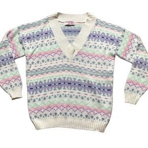 VINTAGE CLIFTON PLACE Women’s Pastel Pink Purple Blue 80’s V-Neck Knit Sweater S